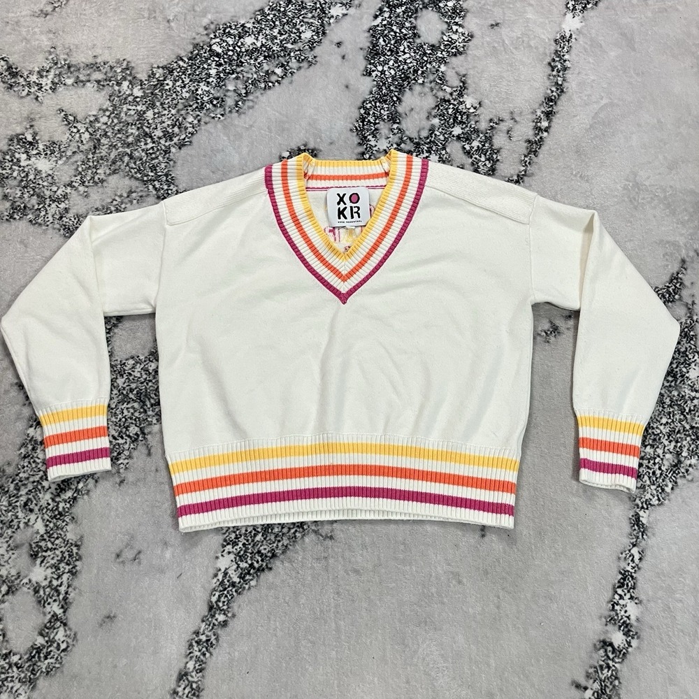 XO KR Kerri Rosenthal V Neck Striped Trim Knit Sweater Women's Size Medium